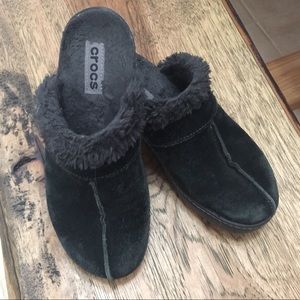 Black suede croc mules